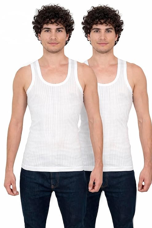 Men's Ribbed Cotton Striped Vest Baniyan Pack of 2 | Sleeveless Round Neck Regular Fit Sando for Men | Breathable Soft Innerwear for Everyday Wear | White Cotton Vest-image-11