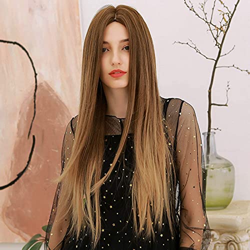 UBORSE 28" Ombre Brown Long Straight Wigs for Women Cosplay Party Hair Wigs Middle Part Synthetic Heat Resistant Wigs (28 inch, Ombre Brown)