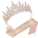CAVETEE Princess Crown and Birthday Princess Sash, Birthday Tiara with Glitter Sash for Princess Party Decorations Happy Birthday Accessories Birthday Crown and Tiara for Women Girls (Rose Gold)
