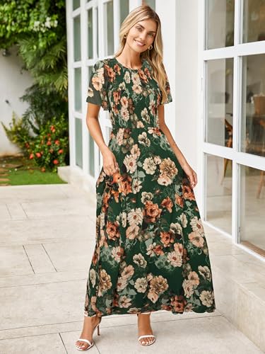 Image of Simplee Womens Casual Floral Summer Maxi Dress 2026 Boho Flowy Short Sleeve Crew Neck Vacation Smocked Chiffon Dresses