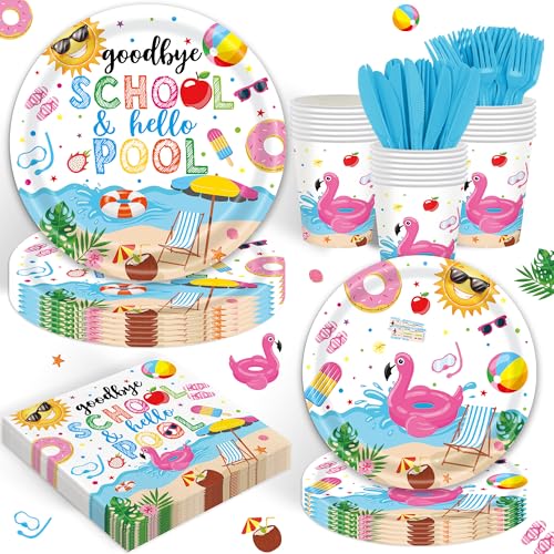120PCS Goodbye School Hello Pool Party Supplies End of School Year Summer Vacation Party Decorations Graduation Pool Tableware Set Plates Napkins Cups Set for 20 Guests