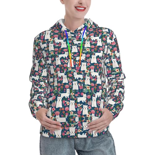 Sweat à capuche d'hiver pour femme avec motif chien blanc et fleurs cosy