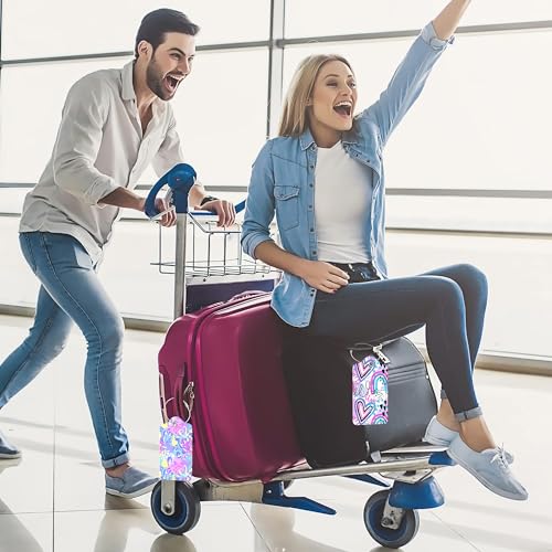 Set of 2 Luggage Tags for Suitcases, Leather Abstract Leopard Print with Hearts Baggage Tags and Stainless Steel Loop, Privacy Name ID Card Cover Travel Labels for Women Men Kids Girls