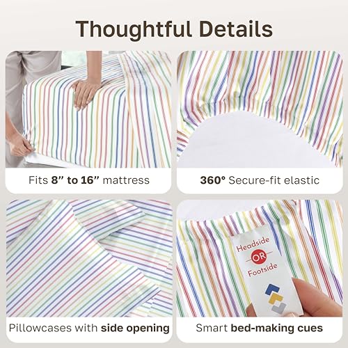 California Design Den Soft King Size 100% Cotton Sheet Sets, 400 TC Good Housekeeping Award Winner, Smooth Sateen Finish with Deep Pockets, Cozy and Durable King Bedding Set - Rainbow Stripe - Thumbnail 5