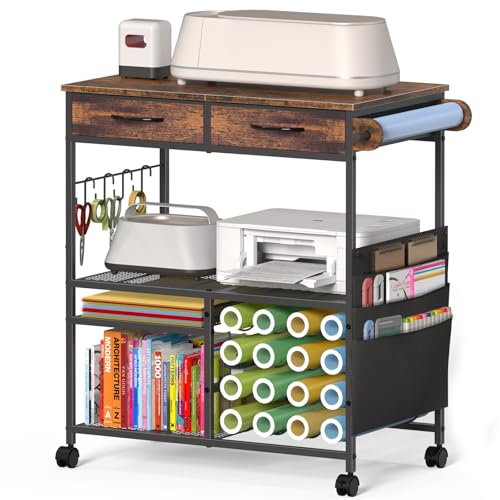 Rolling Craft Cart with 16 Vinyl Roll Holders, Craft Workstation Table with Drawers & Storage, Mobile Craft Cart Compatible with Cricut Machines, with Hooks & Shelves for Craft Room, Home, DIY (Brown)