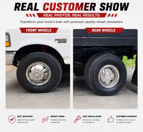 Image of 4pc 16 inch Anti Rust Wheel Simulators Compatible with Ford F450 1988-1998 w /Tool Kit C16D10, 10 Lug Polished Stainless Steel Dually Bolt On Cover Hubcaps C16D10