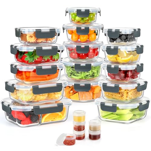 42pcs Glass Food Storage Containers with Lids Set, 21 Containers & 21 Lids Include One 2 Compartments Glass Meal Prep Containers with Snap Locking Lids Set, Leak Proof Lunch Containers BPA-Free,Grey