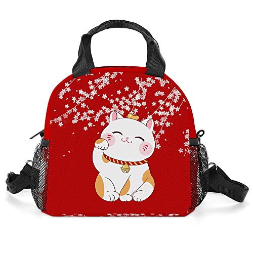 Lucky Cat Lunch Bag, Insulated Red Cat Lunch Box With Shoulder Strap, Large Capacity Durable Lunch Tote Bag With Pockets, Waterproof Lunch Bag For Women Teens Girls Mom(Lucky Cat) #TOP7