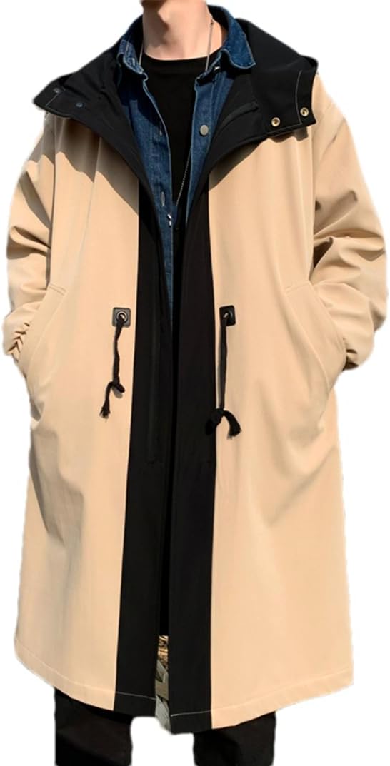 Men's Trench Coat Patchwork Color Fake Two Pieces Hooded Jacket Buttons Long Windbreaker