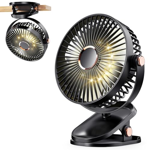 iNeibo Portable Clip on Fan with LED Lights, 4000mAh Battery Operated USB Desk Fan, 4 Speed,720° Rotation, Quiet Rechargeable Mini Table Fan for Home Office Stroller Camping (Black)