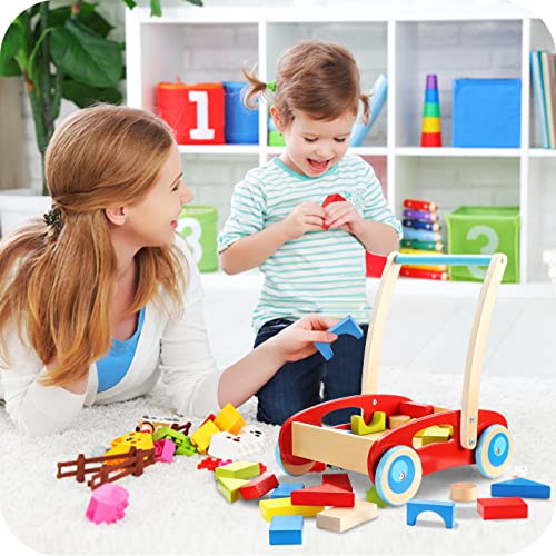 Pitpat Wooden Baby Walker With Building Blocks For 1 Year Old And Up, Wooden Push Toy For 12 Month, Wooden Cart With Blocks(35 Pcs) #TOP6