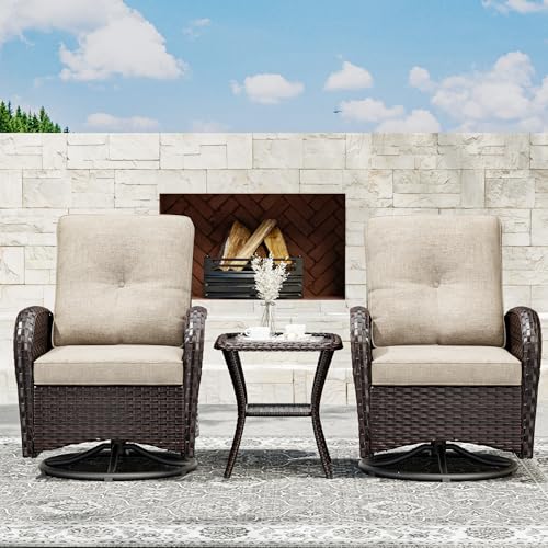 Joyside Outdoor Swivel Rocker Chairs, 3 Piece Wicker Patio Set with Thick Cushion and Side Table, Rattan Patio Swivel Rocking Chairs for Porch, Deck Use (Brown/Beige, 3 PCS) - Thumbnail 7