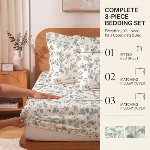 Image of VAS COLLECTIONS 240 TC Premium Fitted Bedsheet, Floral Printed King Size Elastic Deep Pocket Mattress Cover, Soft Breathable Bed Sheet for Bedroom, 72 x 78 + 10 Inches (183 x 198 + 25 cm) - Sage