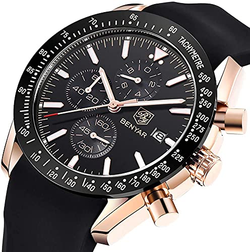 Benyar Mens Watches Quartz Movement Chronograph Leather Strap Fashion Business Sport Design 30M Waterproof Scratch Resistant Elegant Gifts For Men #TOP1