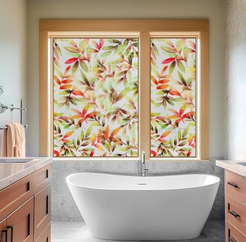 Image of HOME13 Window Privacy Film Frosted Glass Film Decorative Window Sticker Removable Window Film Home Office Privacy Film Window Coverings (Rowan Leafs, 2 Feet by 15 Feet)