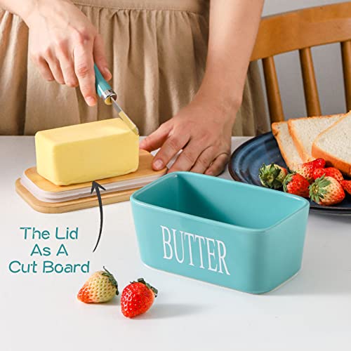 Hasense Porcelain Butter Dish with Lid for Countertop, Large Ceramic Butter Dish with Knife, Airtight Butter Keeper Container with Cover Perfect for East West Coast Butter, Turquoise