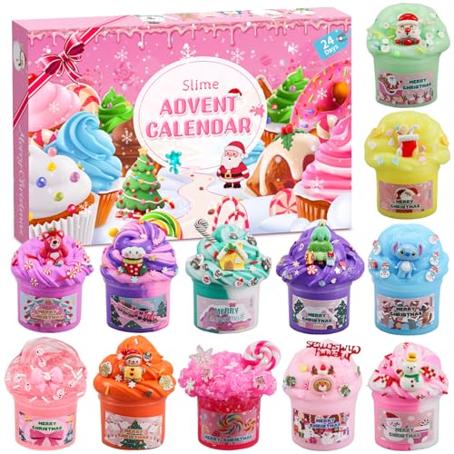 Schleim Adventskalender 2025 für Kinder,24-Tage-Countdown Slime Weihnachtskalender Kinder,12 Stück Weihnachten Überraschungen Geschenk Schleim Kit für 3 4 5 6 7 8 9 10 11 Jahre Jungen Mädchen (Pink)