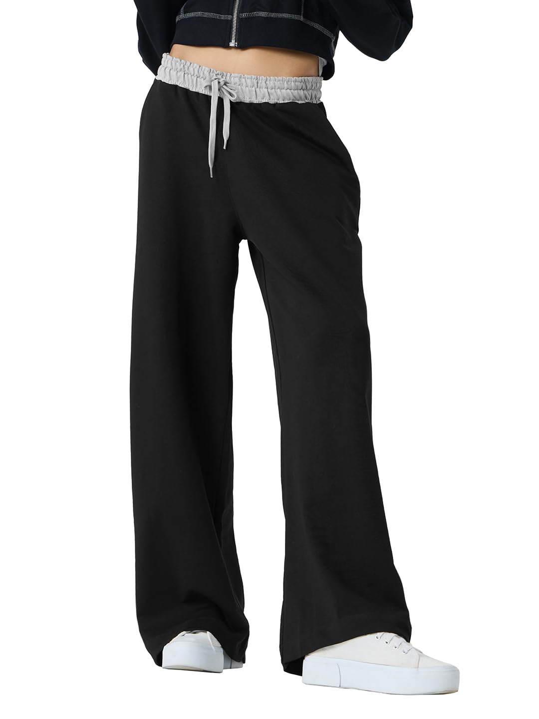 Solids: Black Oyster Women and Girls Drawstringed Cotton Wide Leg Fit Flared Joggers-image-4