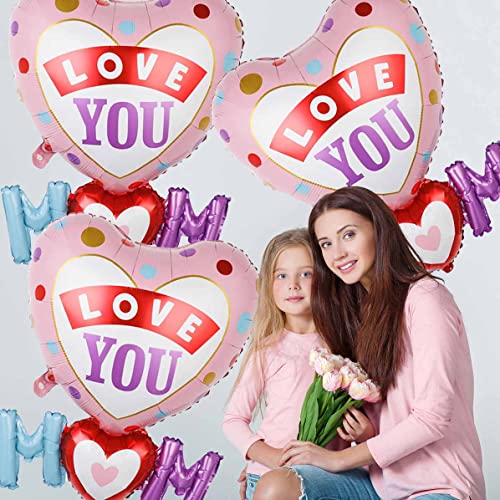 Love You Mom Balloons Mother's Day Balloons Mom Heart Foil Balloons For Mother's Day Themed Party Happy Mother's Day Party Supplies Decorations Party Sets-5 Pcs #TOP1