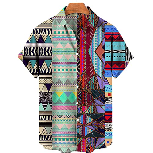 Chemise hawaïenne pour hommes rétro aztèque épissage géométrie bouton décontracté