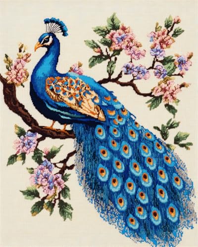 Taxpy 11CT Pavo Real Y Flores Diy Kit Petit Point Animales De Fantasía Kits De Bordado Para Adultos,Principiantes,Juego De Patrones De Punto De Cruz,Embroidery Kit 40x50cm