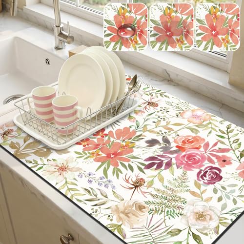 LOKHOM 18"x24" Dish Drying Mat，Pink Floral Coffee Mat