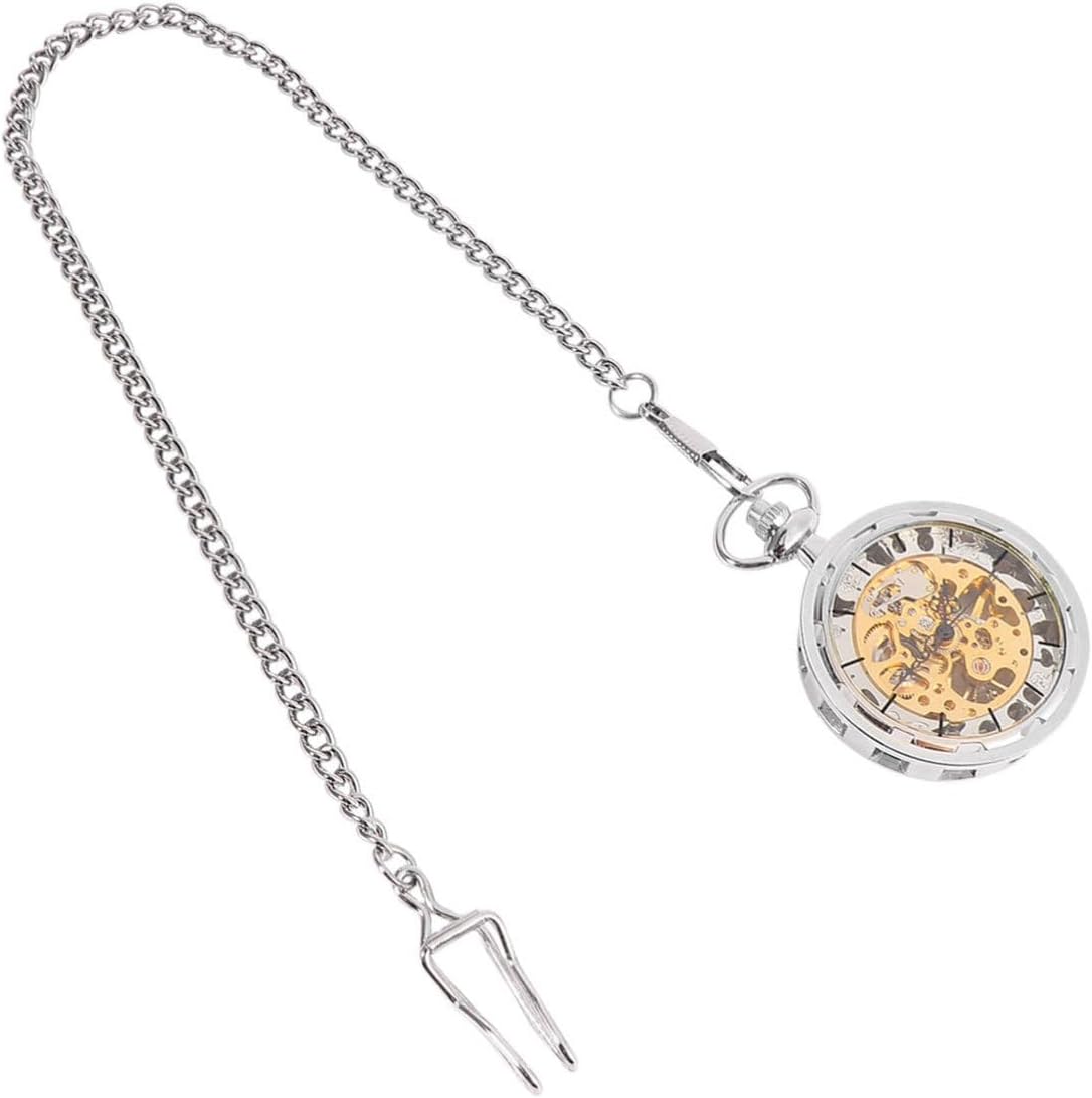 Vintage Manual Wind Decorative Pocketwatch Mechanical Pocket Watch Silver with Hollow-Out Alloy Case Classic Wheel Style Design for Men Suitable for Daily Wear