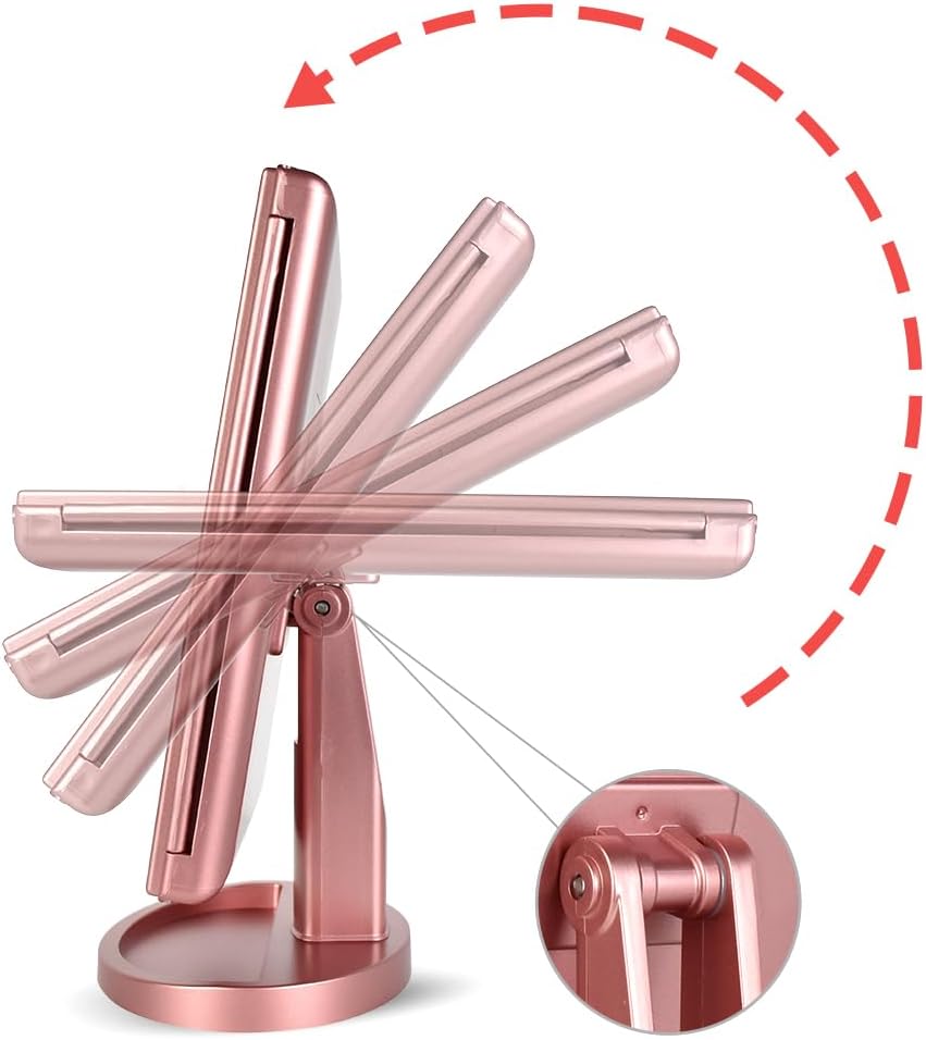 Folding Vanity Make up Mirror with LED Lights, Adjustable Lighting, and 1X/2X/3X/10X Magnification - Stepless Dimmable Makeup Mirror for Enhanced Beauty Experience (Rose Gold)