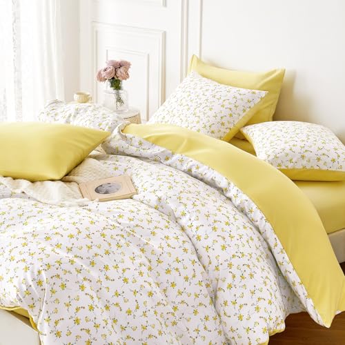 Image of Wake In Cloud - Floral Comforter Set, Coquette Cottagecore Aesthetic Cute Flower Pattern for Women Teen Girls, Soft Lightweight Dorm Bedding, 3 Pieces, Yellow White, Full Size