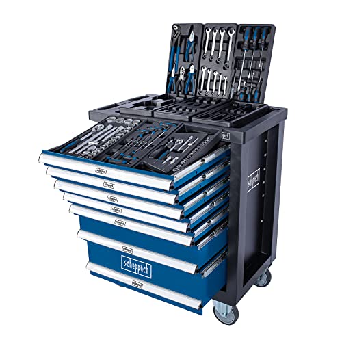 Scheppach Werkstattwagen TW1100 Werkzeugwagen Werkzeugkasten mit 4 Rollen | 7 Schubladen - inklusive 70-TLG. Werkzeugset | abschließbar und mobil