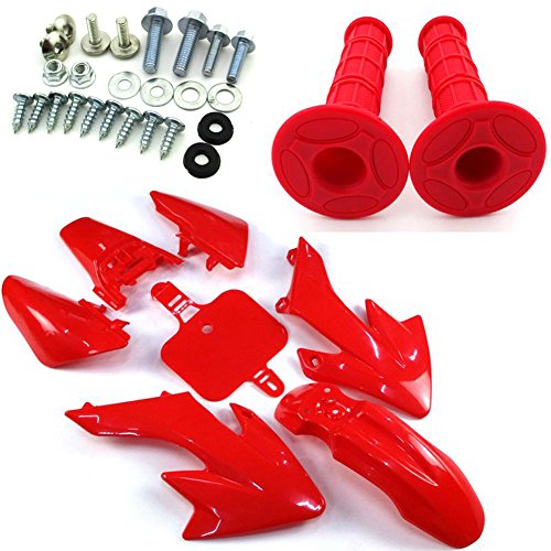 Tc-Motor Red Body Work Fender Plastic Fairing Kit + Plastic Fairing Tank Mount Screw Panel Bolts Kits + Throttle Handle Grips For Honda Crf50 Xr50 Pit Dirt Bike #TOP3