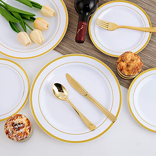 125 Count Gold Plastic Plates Include 25 Plastic Dinner Plates 25 Disposable Dessert Plates & Gold Disposable Silverware, Plastic Dinnerware Set Providing For 25 Guests Suitable For Party Wedding #TOP4