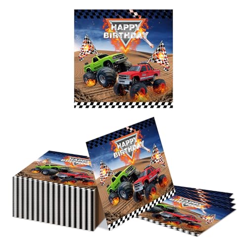 Kotkiddy Serviettes Geländewagen Monstertruck Anniversaire 40 Pièces 33x33cm Fête Monstre Voiture de Course Serviettes Décoration de Table pour Anniversaire d'enfant ou F