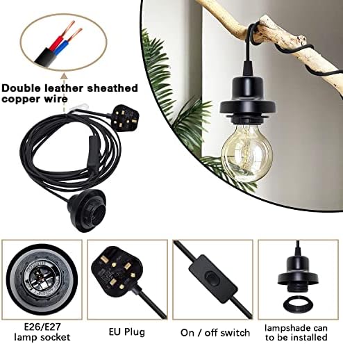 Crzpchas Plug in Pendant Light Fitting 2 Pack Metal E27 Lamp Holder with Switch Black Hanging Light with Plug Ceiling Lighting 450cm Pendant Lighting with On/Off Switch for Lampshade
