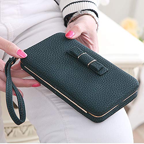 Women Bowknot Wallet Long Purse Phone Card Holder Clutch Large Capacity Pocket (Blackish Green) - Thumbnail 2