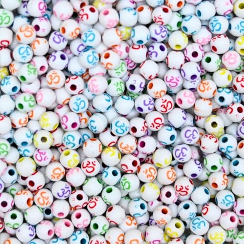 Image of Satra Traders Om Beads for Jewelry Making Acrylic Beads with Hindu & Buddhist Symbol Auspicious Beads for Bracelet, Necklace, & Craft Projects | Size : 6mm (Multicolor - 100g)