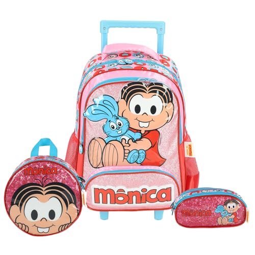 Kit Mochila Rodinhas 2 em 1 Lancheira Estojo Mônica Magali (Rosa)