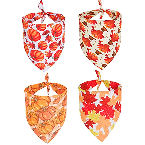PTDECOR 4 Pack Thanksgiving Dog Bandanas Fall Autumn Adjustable Pet Triangle Scarves with Turkey Leaf Pumpkin Pattern for Medium Large Dogs Pets (Orange, Large)