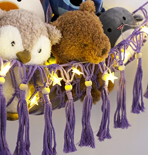 Image of Stuffed Animal Hammock Corner with LED Light - Toy Storage Hammock Plushie Net Organizer - Teddy Bear Stuffy Hammock - Purple Nursery Decor Baby Kids Bedroom Nursery Furniture