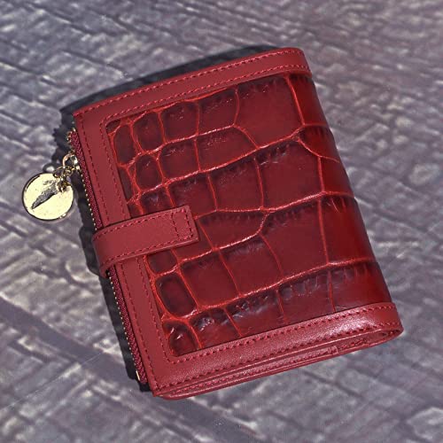 Genuine Leather Women Lady Bifold Fashion Card Case Handy Wallet Zipper Coin Case Pocket Purse Crocodile Embossed (Red)3