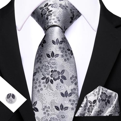 Image of Barry.Wang Men Tie Set Floral Paisley Silk Necktie Pocket Square Cufflinks Formal Wedding Party Business