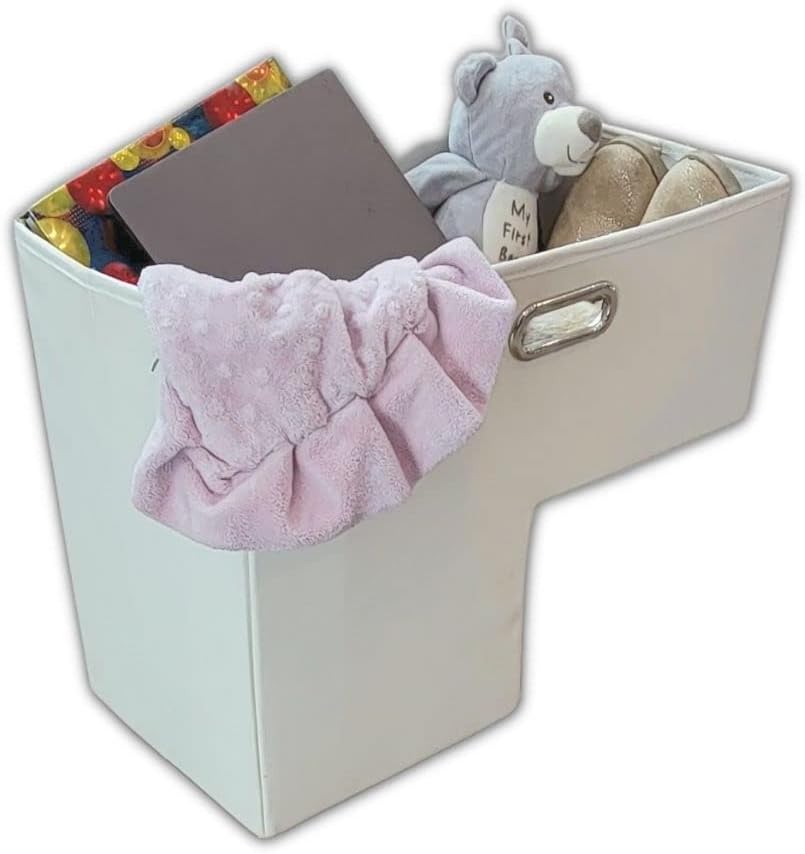 T & R Design Faux Leather Foldable Modern stair basket for Wooden, carpeted, and all stair Types | Staircase Storage and organizer | Chrome Handles Ivory 18" x 14", Basket for stairs, Stairlift basket
