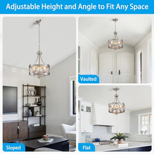 XINGQI 12.6" Modern Farmhouse Brushed Nickel Chandeliers Dining Room Light Fixture Over Table Rustic Metal Drum Pendant Hanging Lamp for Entryway Bedroom Kitchen 3-Light Round Small Chandelier by XINGQI - Used condition - Image 6