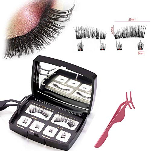 Natural Magnetic Fake Eyelashes 3D Handmade Ultra-Thin Reusable Natural Dual Magnetic False Eyelashes Fake Lashes, Half-Lash with Box and Free Tweezer(6Pcs)