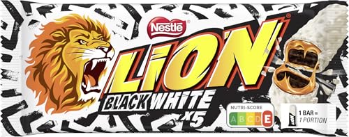 Nestlé LION Schokoriegel Black & White, Snack mit Biss, knackige Schokolade & knusprige Crisps, Brownie-Füllung, das besondere Beißerlebnis, 1er Pack (à 5 x 30g)