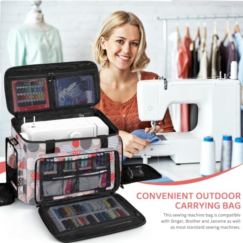 Image of Sewing Machine Carrying Case with Multiple Storage Pockets Large Capacity, Universal Tote Storage Bag Compatible with Most Standard Singer, Brother, Janome, Colorful Dots