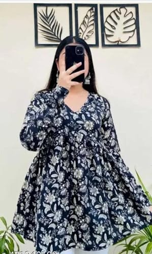 Image of Women's Rayon Floral Printed A-Line Tunic Top | Stylish Casual Wear | V-Neck Long Sleeve Kurti Top