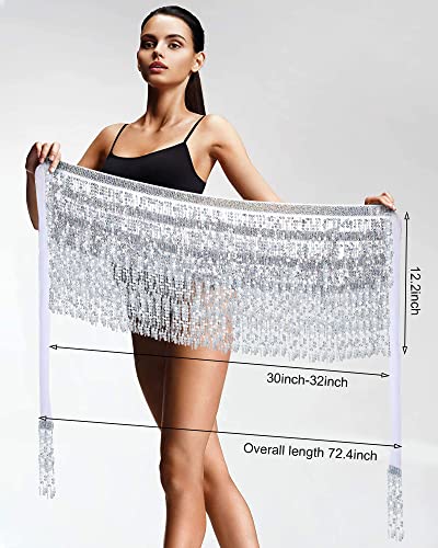 2 Pieces Sequin Tassel Skirt Belly Dance Hip Scarf Performance Outfit Sequins Skirt Belts Body Accessories For Women Girls (Silver&Lake Blue) #TOP5