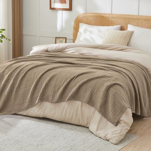 Image of EMME Muslin Blankets for Adults Throw Blanket for Couch Breathable Gauze Soft Lightweight Airy Tan Throw XL 50 inch x 71 inch