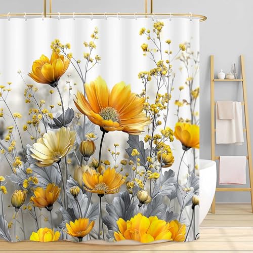 Yellow Flower Shower Curtain, Rustic Daisy Flower Shower Curtains,Modern Boho